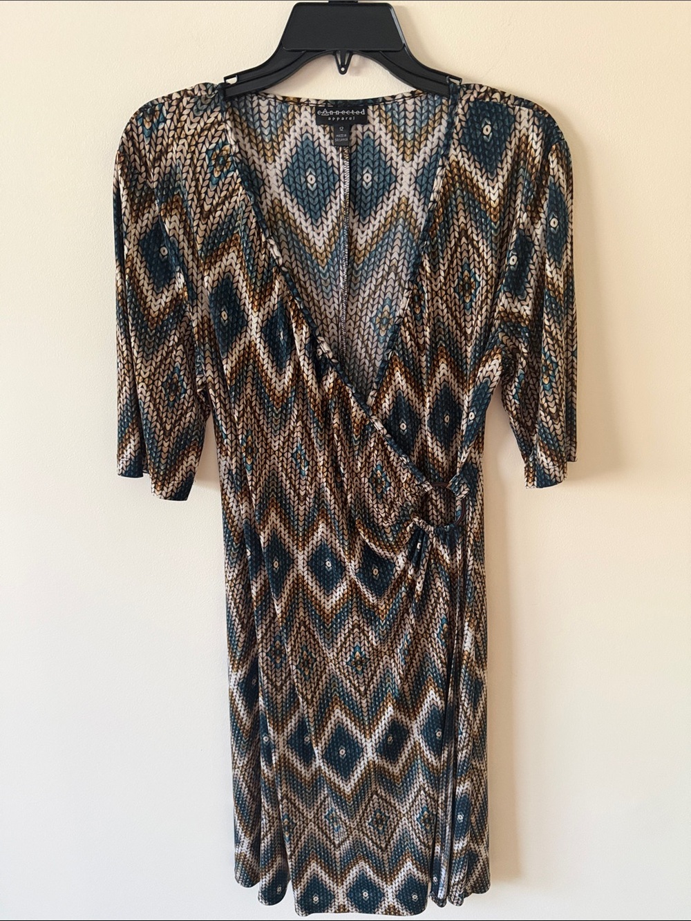 Geometric Wrap Dress in Teal, Brown and Cream